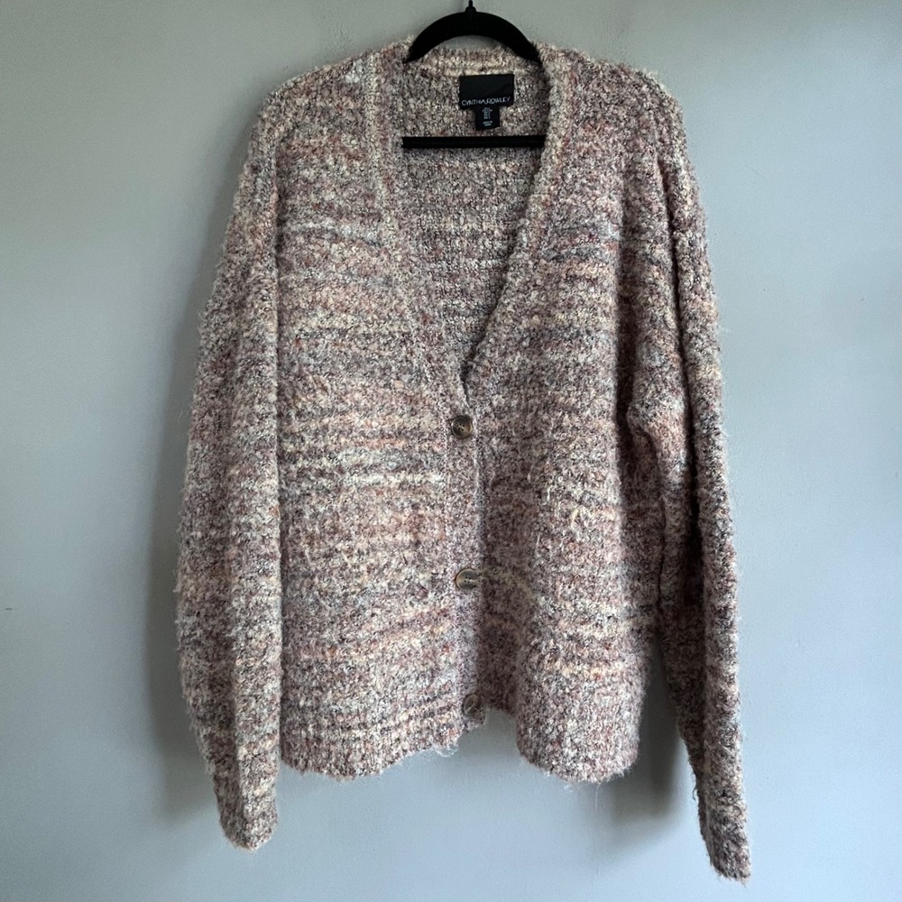Cynthia Rowley Women Large Mauve Grey Boucle Popcorn Knit Cardigan Sweater